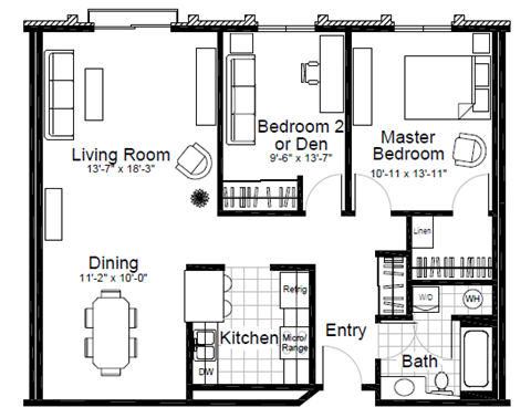Floor plan for 2 beds, 1 bath, 1072 sqft